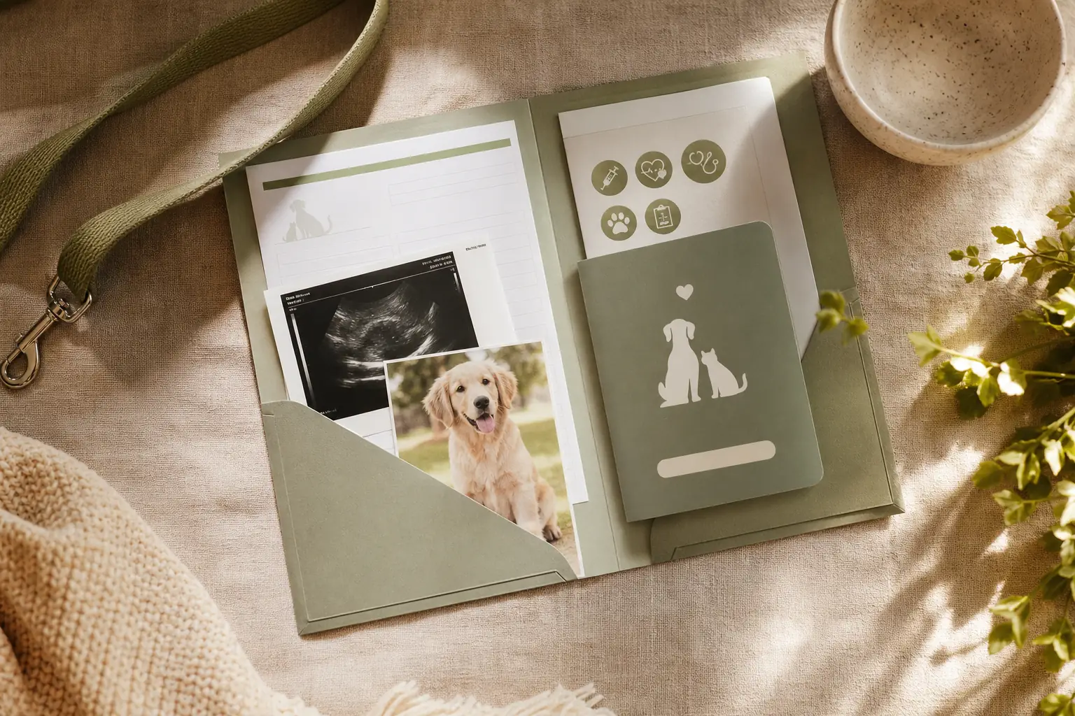 Папка с ветеринарными документами рядом с ключами