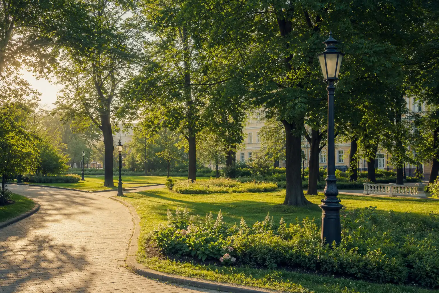 Зелёная лужайка и деревья, утренняя аллея